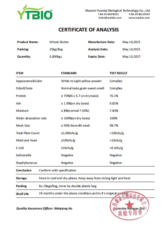 coa of Pure Wheat Gluten coa of Pure Wheat Gluten