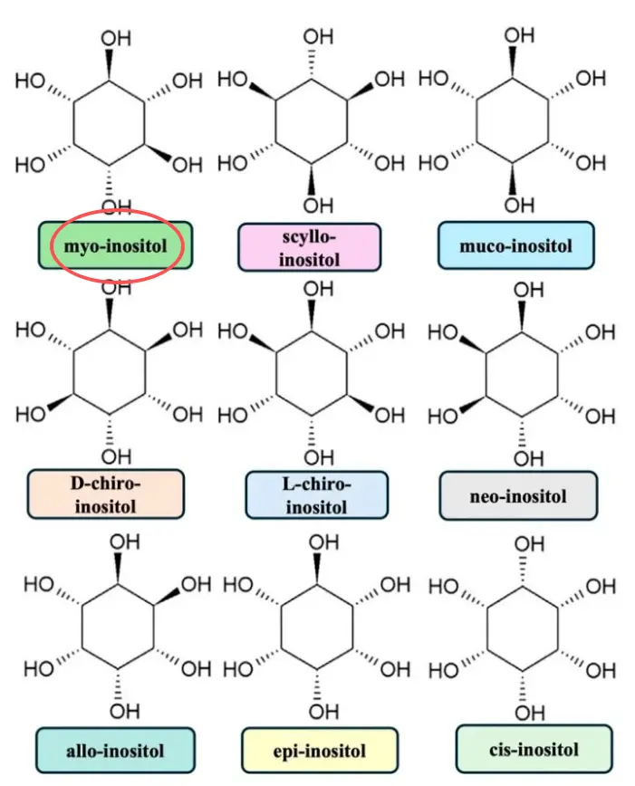 Structures of the nine isomers of inositol